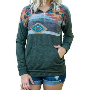 Color Block Geometric Vintage Western Quarter Zip Long Sleeve Pull Over Large
